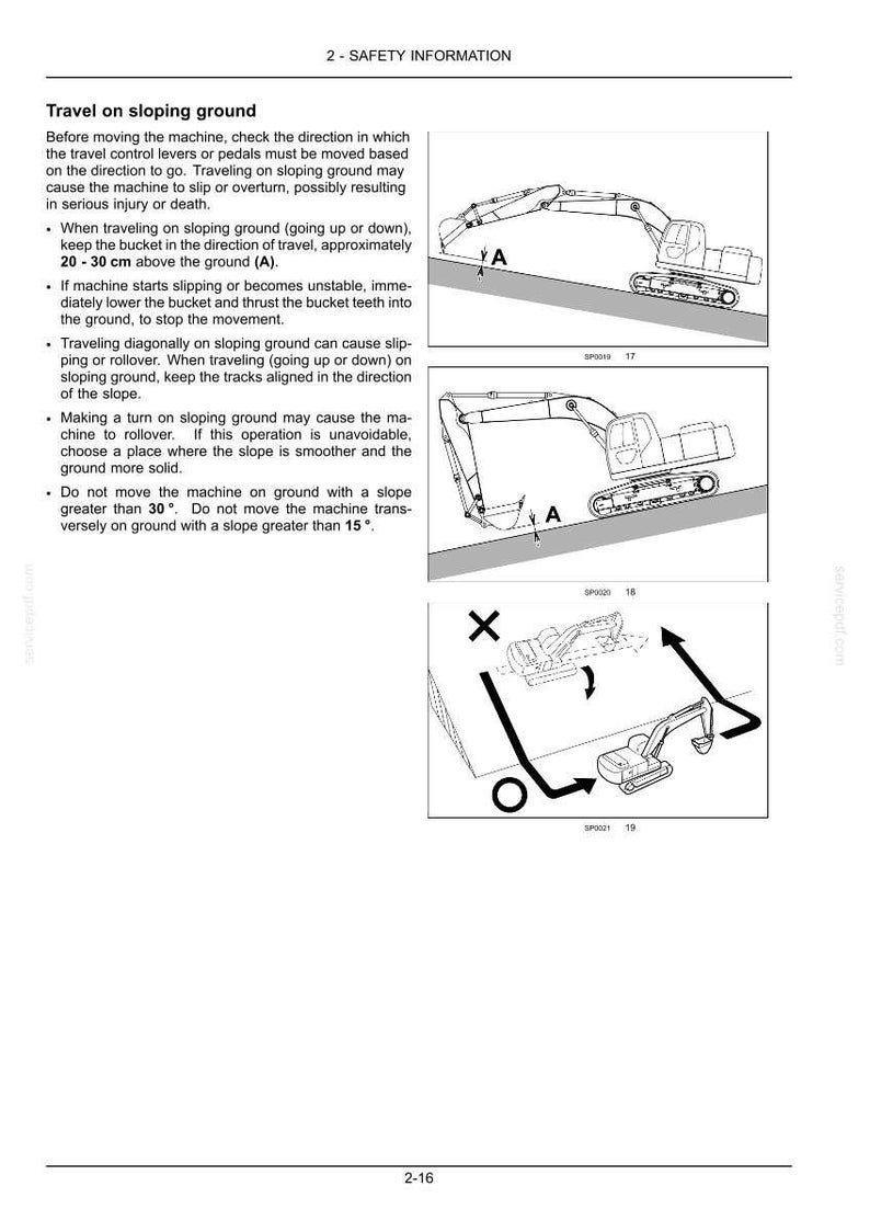 May include: A technical document page titled 2-SAFETY INFORMATION featuring black and white line drawings of an excavator on a slope. The diagrams illustrate safe travel procedures, including bucket positioning at 20-30 cm above the ground.
