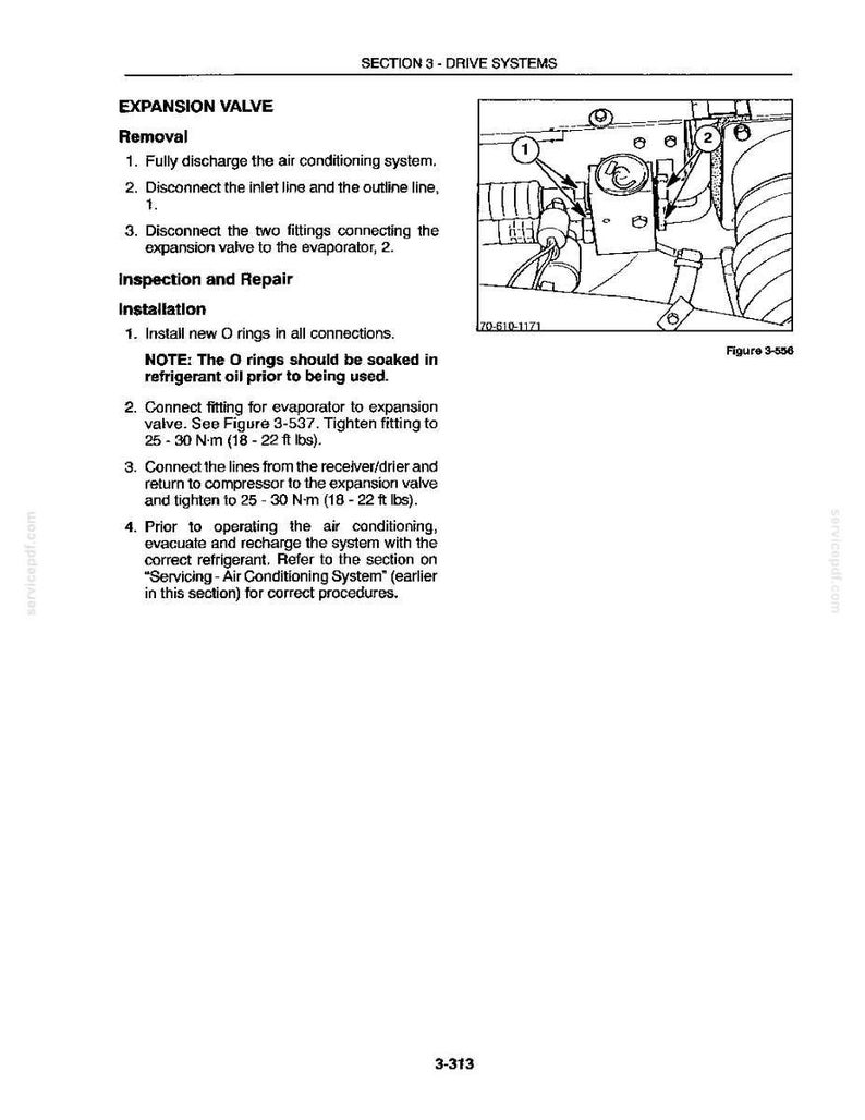 May include: A technical manual page titled Section 3 - Drive Systems, featuring instructions for the removal and installation of an expansion valve. It includes a black and white diagram labeled Figure 3-556 showing the valve and numbered components.