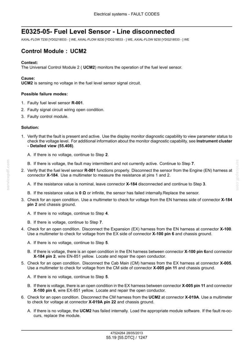 May include: A diagnostic document titled "E0325-05- Fuel Level Sensor - Line disconnected" with troubleshooting steps. The document includes a list of possible failure modes, solutions, and diagrams for electrical systems. The text is in black and white.