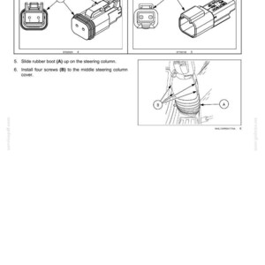 May include: Diagram of a steering control system, showing electrical harness and component sides. Includes illustrations of connectors, a rubber boot, and screw installation instructions. Text includes "Slide rubber boot (A) up on the steering column."