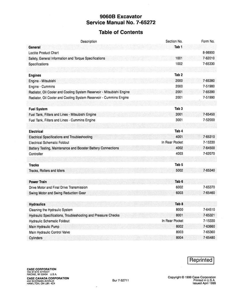 May include: A printed table of contents from a 9060B Excavator Service Manual. The document lists various sections, including engines, fuel systems, electrical components, and hydraulics. The document is dated 1999.