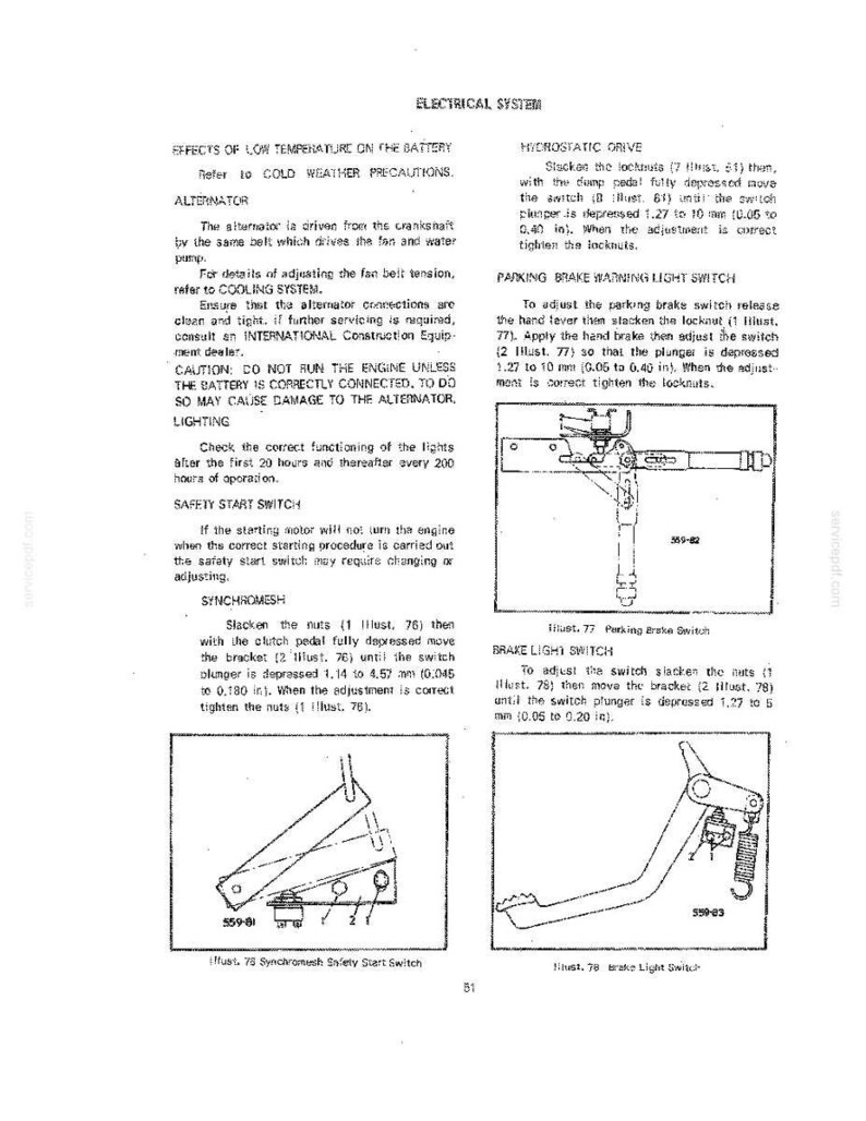 May include: Page from a manual detailing the electrical system of a vehicle. Includes diagrams and instructions for the alternator, safety start switch, and brake light switch. Text and diagrams are in black and white.