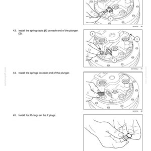 May include: Diagram of hydrostatic drive pump and motor components. Instructions include sliding a plunger, installing spring seats and springs, and installing O-rings. The image is a technical illustration with numbered steps.