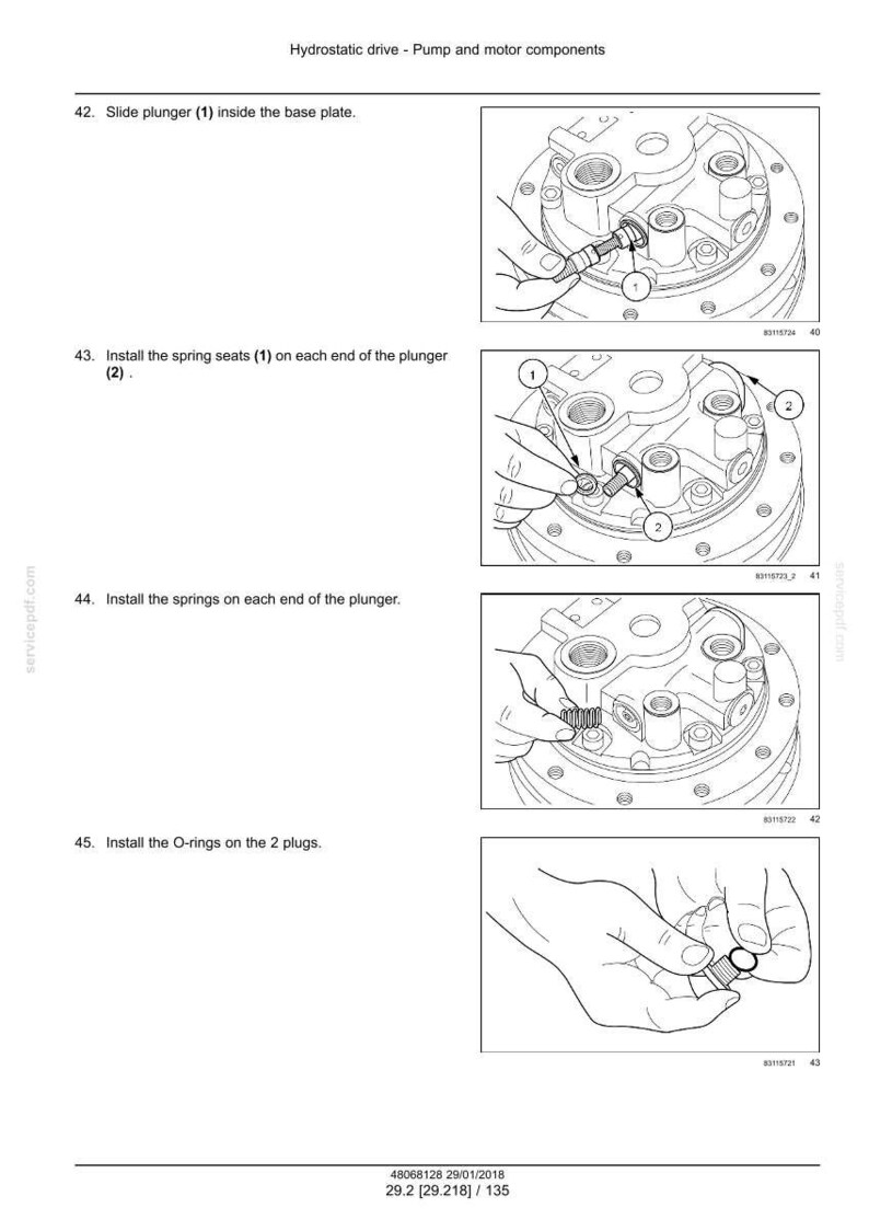 May include: Diagram of hydrostatic drive pump and motor components. Instructions include sliding a plunger, installing spring seats and springs, and installing O-rings. The image is a technical illustration with numbered steps.