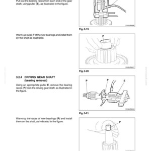 May include: Diagrams from a manual showing the removal and installation of bearings on a driven gear and driving gear shaft. The diagrams include labeled parts and instructions for the process.