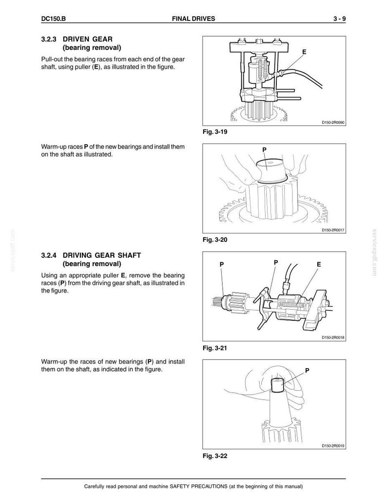 May include: Diagrams from a manual showing the removal and installation of bearings on a driven gear and driving gear shaft. The diagrams include labeled parts and instructions for the process.