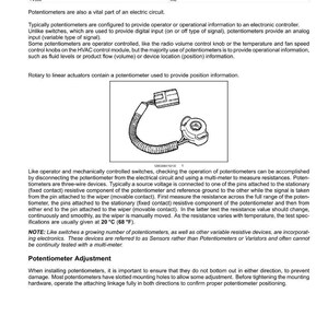Puede incluir: Diagrama de un potenci&oacute;metro con conector y cableado. La imagen incluye texto sobre sensores de control de accionamiento hidrost&aacute;tico, ajuste del potenci&oacute;metro y sistemas el&eacute;ctricos. La temperatura se indica en grados Celsius.