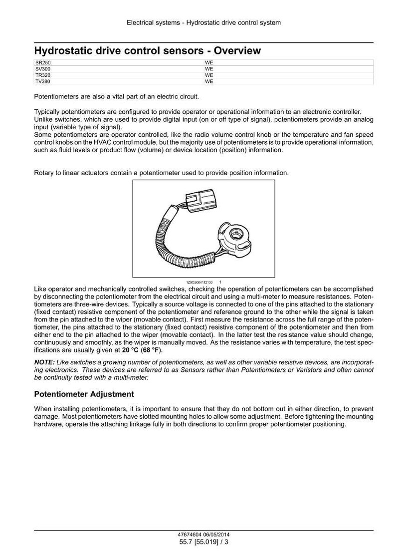 Puede incluir: Diagrama de un potenci&oacute;metro con conector y cableado. La imagen incluye texto sobre sensores de control de accionamiento hidrost&aacute;tico, ajuste del potenci&oacute;metro y sistemas el&eacute;ctricos. La temperatura se indica en grados Celsius.