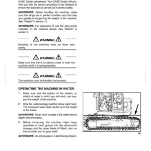 May include: A page from an operating instructions manual with text and diagrams. The text includes warnings about handling the machine and operating it in water. A diagram of a machine's undercarriage is shown.