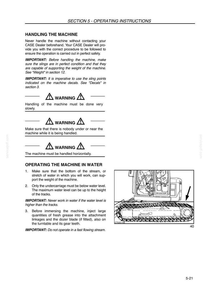 May include: A page from an operating instructions manual with text and diagrams. The text includes warnings about handling the machine and operating it in water. A diagram of a machine's undercarriage is shown.