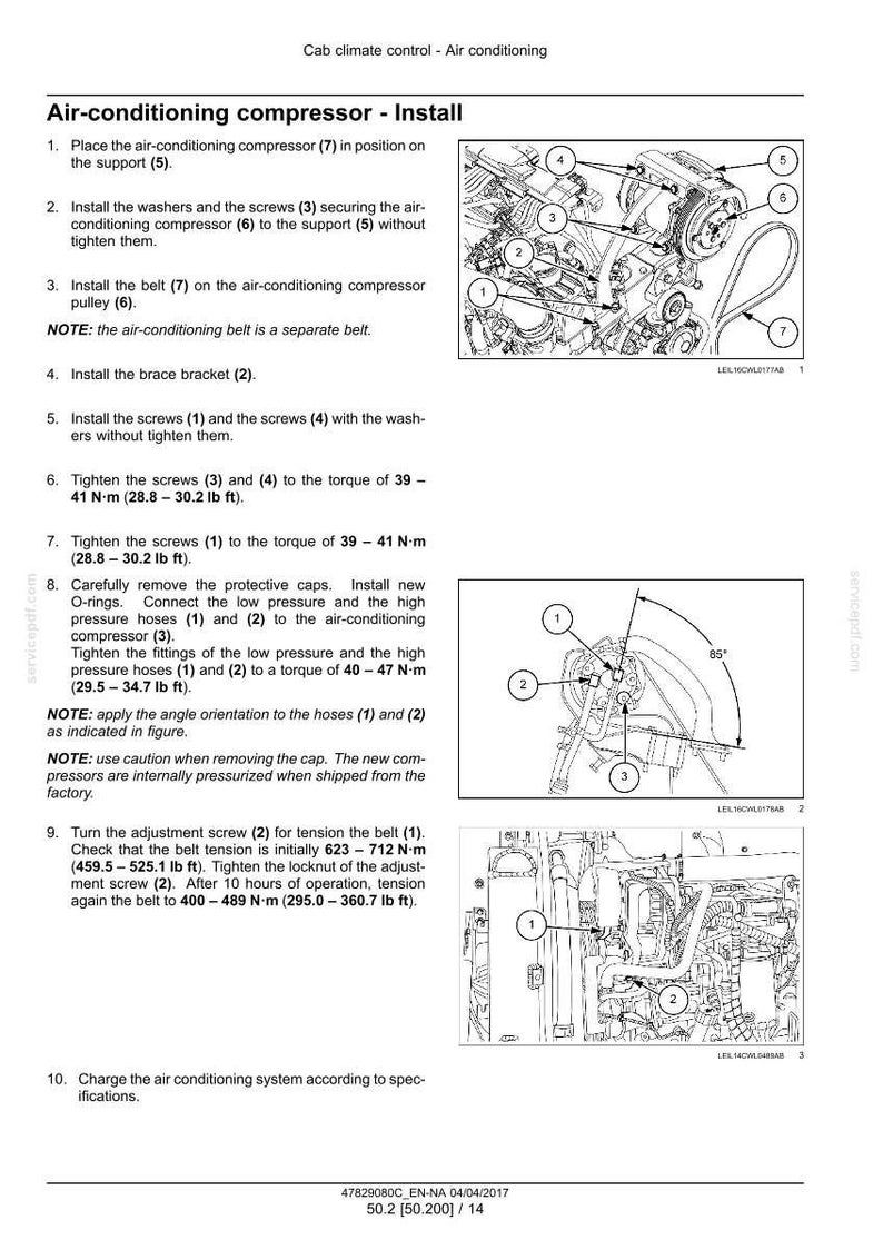 May include: Diagram of an air conditioning compressor installation, with labeled components including screws, washers, and hoses. Instructions detail tightening torques in lb-ft and N-m, and belt tension specifications.