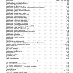 K&ouml;nnte beinhalten: Eine schwarz-wei&szlig;e Indexseite eines technischen Handbuchs mit alphabetischen Auflistungen beginnend mit S und T. Der Text enth&auml;lt Themen wie Sicherheitsregeln, Transportgeschwindigkeit, Sicherheitsgurte, Lenks&auml;ule, Reifenservice und Traktornutzung.