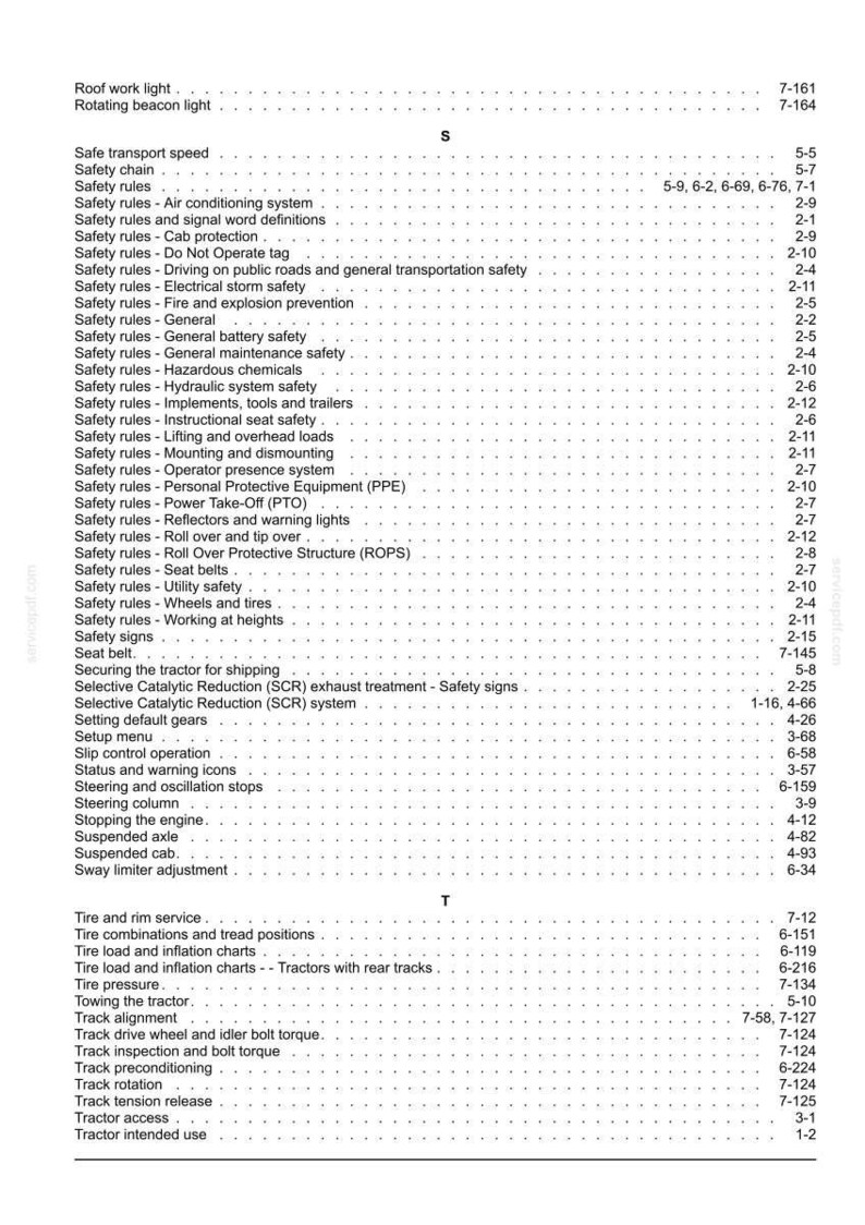 K&ouml;nnte beinhalten: Eine schwarz-wei&szlig;e Indexseite eines technischen Handbuchs mit alphabetischen Auflistungen beginnend mit S und T. Der Text enth&auml;lt Themen wie Sicherheitsregeln, Transportgeschwindigkeit, Sicherheitsgurte, Lenks&auml;ule, Reifenservice und Traktornutzung.