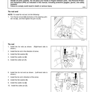 May include: Diagram illustrating the installation of tie rods, including steps for tightening the jam nut, installing the flat washer, castle nut, and cotter pin. The text warns about injury and the need for protective equipment.