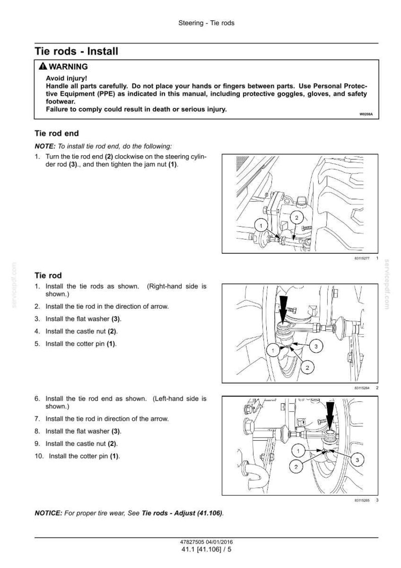 May include: Diagram illustrating the installation of tie rods, including steps for tightening the jam nut, installing the flat washer, castle nut, and cotter pin. The text warns about injury and the need for protective equipment.