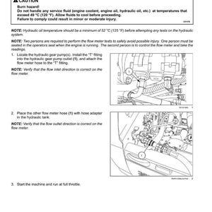 Op de afbeelding: Diagram van testprocedures voor hydraulische systemen. Bevat tekstinstructies en illustraties voor circuitlekkagetests. Bevat waarschuwingen over brandgevaar en vloeistoftemperaturen. Bevat diagrammen van hydraulische componenten.