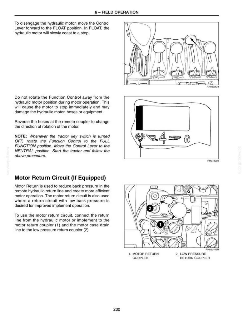 May include: A technical manual page titled 6 - FIELD OPERATION featuring black and white line drawings of tractor hydraulic controls, a display screen with icons, and a motor return circuit diagram with numbered couplers 1 and 2.