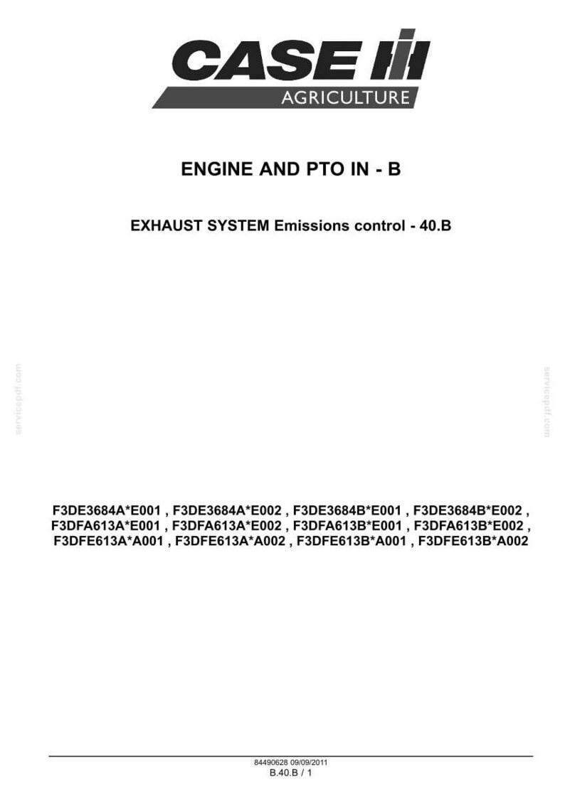 May include: A white document with the Case IH Agriculture logo and text detailing engine and PTO information. The document includes technical specifications for exhaust systems and emissions control, with a list of part numbers.