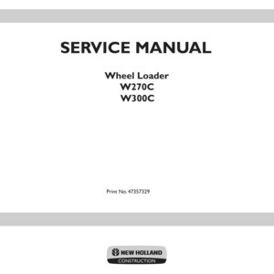 May include: A white service manual cover with the text "SERVICE MANUAL" in bold black letters. Below, it reads "Wheel Loader W270C W300C". The bottom of the cover has the New Holland Construction logo.