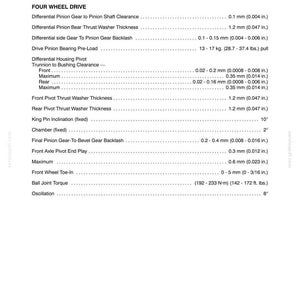 May include: A technical document page titled SECTION 25 - FWD AXLE - CHAPTER 2, listing specifications for four-wheel drive components including gear clearances, washer thicknesses, bearing pre-load, king pin inclination, and ball joint torque values.