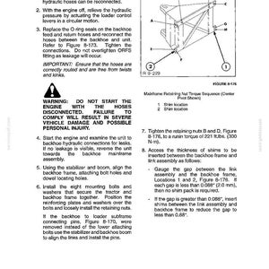 May include: Diagram of a backhoe installation process, including instructions and a warning about starting the engine with disconnected hoses. The diagram includes a labeled illustration of the backhoe frame and instructions for tightening nuts.