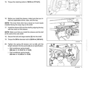 May include: Diagram of a header drive system with numbered components and instructions. Includes torque specifications in lb ft and inches. The image shows the installation of a clutch head assembly, bolts, and a sheave.