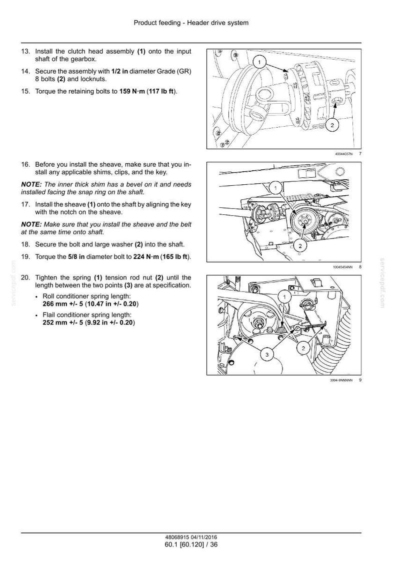 May include: Diagram of a header drive system with numbered components and instructions. Includes torque specifications in lb ft and inches. The image shows the installation of a clutch head assembly, bolts, and a sheave.
