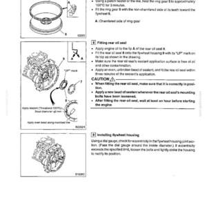 Pu&ograve; includere: Una pagina di un manuale tecnico con diagrammi e istruzioni per la riparazione del motore. I diagrammi mostrano componenti del motore, tra cui una corona dentata, un volano e un paraolio. Il testo include passaggi di installazione e avvertenze.