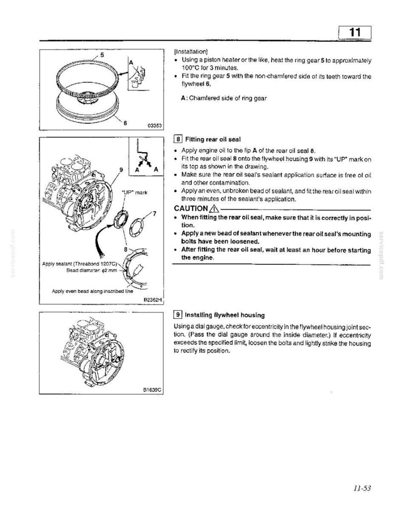 Pu&ograve; includere: Una pagina di un manuale tecnico con diagrammi e istruzioni per la riparazione del motore. I diagrammi mostrano componenti del motore, tra cui una corona dentata, un volano e un paraolio. Il testo include passaggi di installazione e avvertenze.
