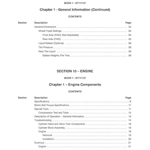 May include: A white printed manual page with black text. The page is divided into sections, including "General Information" and "Engine Components." The contents include descriptions and page numbers. The manual is labeled "BOOK 1 - 87711137."