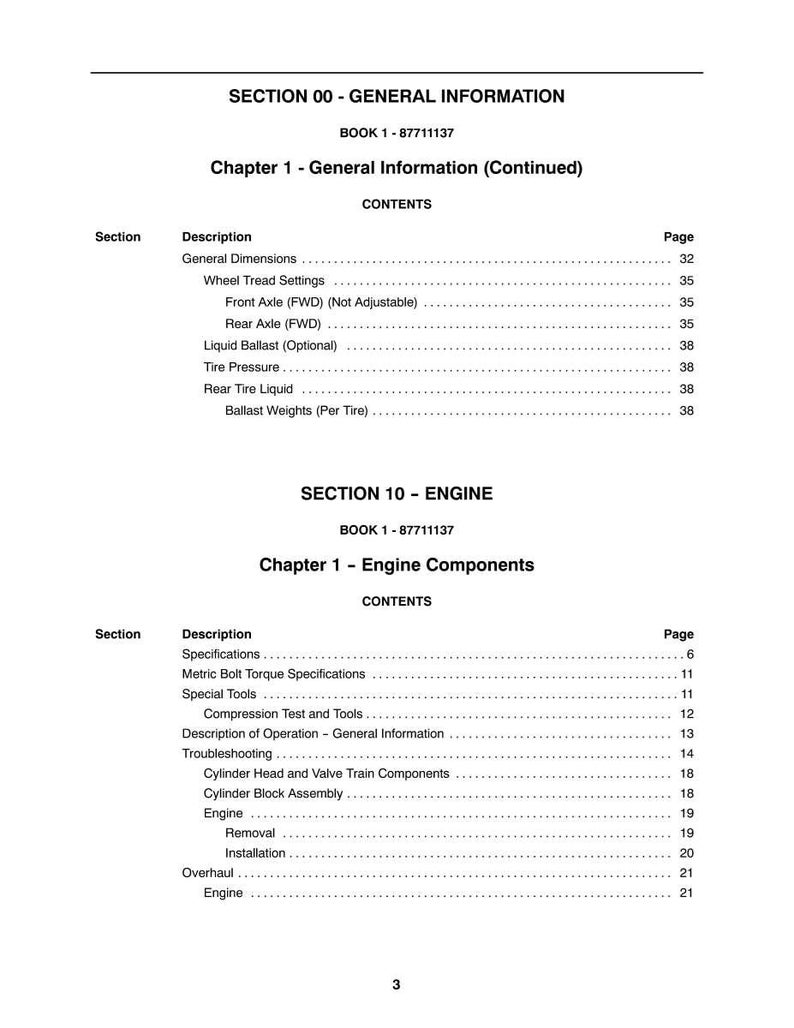 May include: A white printed manual page with black text. The page is divided into sections, including "General Information" and "Engine Components." The contents include descriptions and page numbers. The manual is labeled "BOOK 1 - 87711137."