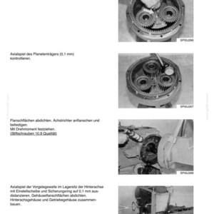 May include: A technical manual page numbered 6.2 and 124, featuring four black and white photographs showing mechanical assembly steps for a planetary gear system, including gear installation, axial play measurement, and housing sealing procedures.