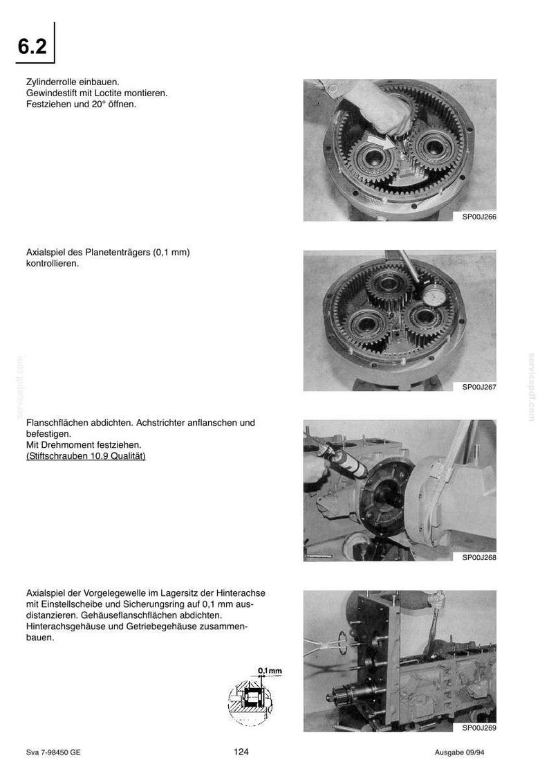 May include: A technical manual page numbered 6.2 and 124, featuring four black and white photographs showing mechanical assembly steps for a planetary gear system, including gear installation, axial play measurement, and housing sealing procedures.