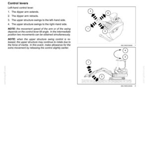 K&ouml;nnte beinhalten: Eine Seite aus einem technischen Handbuch mit dem Titel 3 - CONTROLS AND INSTRUMENTS, die Diagramme eines linken Steuerhebels und eines Baggers zeigt. Der Text erl&auml;utert die Funktionen des Steuerhebels, einschlie&szlig;lich Armbewegung und Drehung.