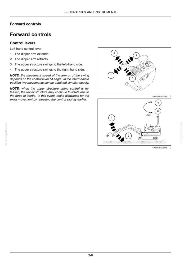 K&ouml;nnte beinhalten: Eine Seite aus einem technischen Handbuch mit dem Titel 3 - CONTROLS AND INSTRUMENTS, die Diagramme eines linken Steuerhebels und eines Baggers zeigt. Der Text erl&auml;utert die Funktionen des Steuerhebels, einschlie&szlig;lich Armbewegung und Drehung.