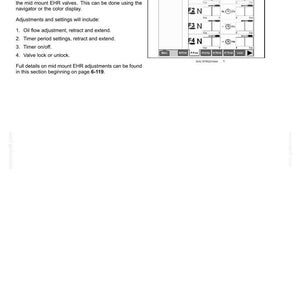 May include: A technical manual page titled 6-WORKING OPERATIONS detailing mid mount remote valves. It includes text instructions for oil flow, timer settings, and valve locks, alongside a black and white digital display interface graphic.
