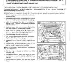 May include: A technical maintenance document page titled Hydraulic oil filter, featuring a warning about burn hazards at 49 degrees Celsius, detailed numbered instructions for filter replacement, and two line-art diagrams labelled 1, 2, and 3.