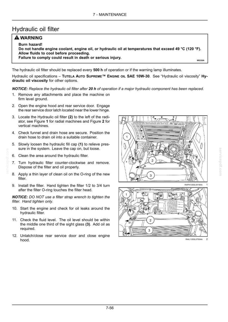 May include: A technical maintenance document page titled Hydraulic oil filter, featuring a warning about burn hazards at 49 degrees Celsius, detailed numbered instructions for filter replacement, and two line-art diagrams labelled 1, 2, and 3.