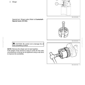 May include: Diagram of engine components, including a crankshaft and flywheel. Instructions detail the removal of the crankshaft rear oil seal using specialized tools. Includes close-up illustrations of the process.