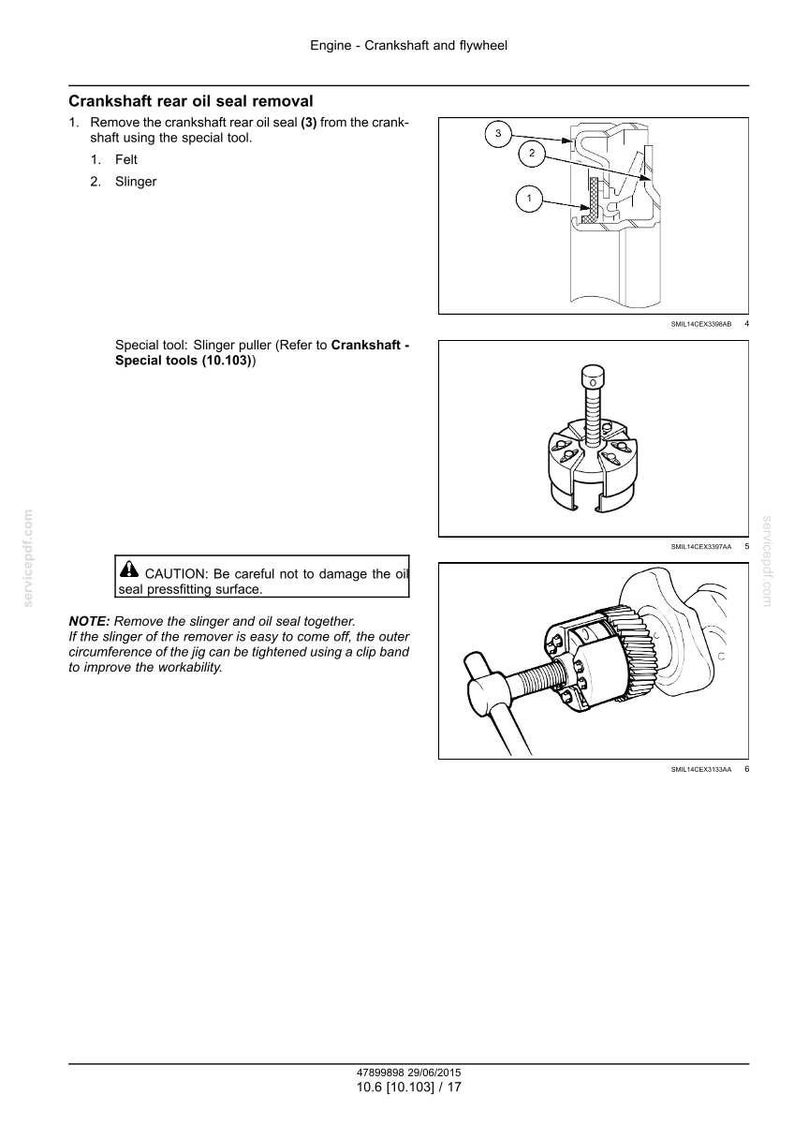 May include: Diagram of engine components, including a crankshaft and flywheel. Instructions detail the removal of the crankshaft rear oil seal using specialized tools. Includes close-up illustrations of the process.