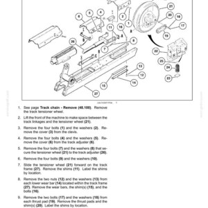 May include: Diagram of idler wheel removal instructions, featuring a detailed technical illustration with numbered components and step-by-step procedures. The image includes a parts list and instructions for track suspension maintenance.