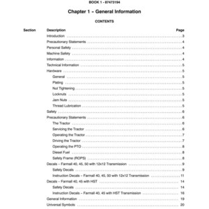 May include: A page from a manual with the title "SECTION 00 - GENERAL INFORMATION." The contents include "Introduction," "Safety," and "Decals." The document is labelled "BOOK 1 - 87473194."