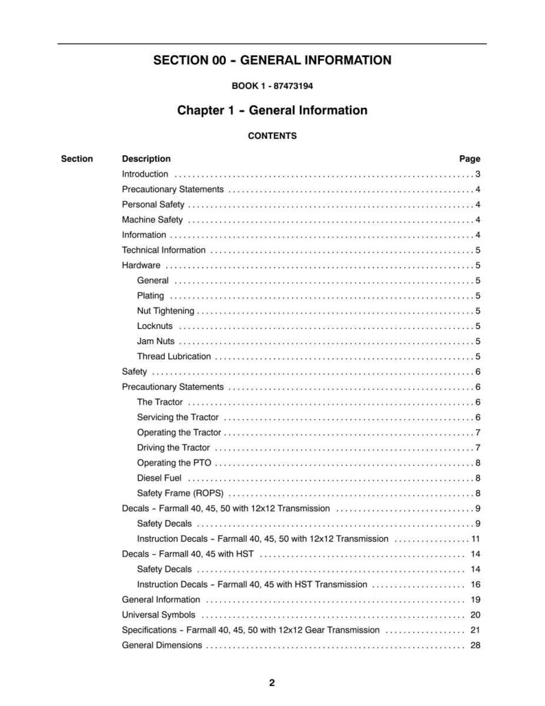 May include: A page from a manual with the title "SECTION 00 - GENERAL INFORMATION." The contents include "Introduction," "Safety," and "Decals." The document is labelled "BOOK 1 - 87473194."