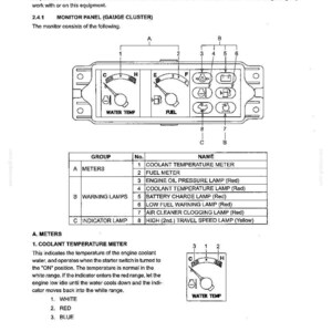 Op de afbeelding: Een pagina uit een technisch handboek getiteld Machine Familiarization, Component & Controls Nomenclature, met een diagram van een bedieningspaneel voor een hydraulische graafmachine met meters en waarschuwingslampjes 1 tot 8 en een tabel.
