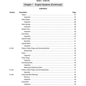May include: A printed page from a manual, titled "SECTION 10 - ENGINE" and "Chapter 1 - Engine Systems (Continued)". The table of contents lists engine components like valves, pistons, and crankshafts, with page numbers. The book's number is 87367149.