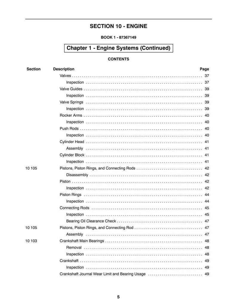 May include: A printed page from a manual, titled "SECTION 10 - ENGINE" and "Chapter 1 - Engine Systems (Continued)". The table of contents lists engine components like valves, pistons, and crankshafts, with page numbers. The book's number is 87367149.