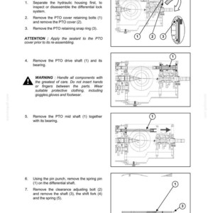 May include: Diagram from a manual detailing the disassembly of a differential lock fork. The image includes numbered components, arrows, and text instructions. The diagram is in black and white and includes warnings about handling parts with care.