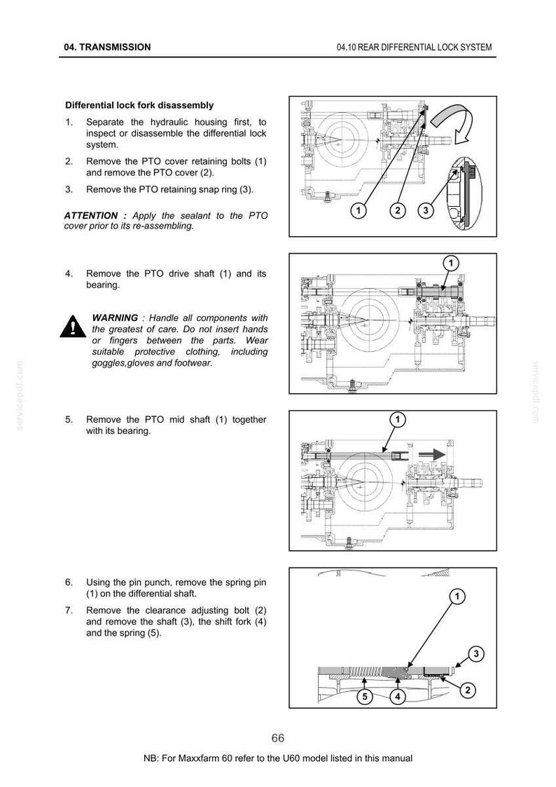 May include: Diagram from a manual detailing the disassembly of a differential lock fork. The image includes numbered components, arrows, and text instructions. The diagram is in black and white and includes warnings about handling parts with care.