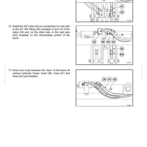 May include: Diagram of an object handling system with detailed instructions. The image shows various hoses, fittings, and valves labeled with numbers. Text includes instructions for installing hoses and connecting them to specific ports.