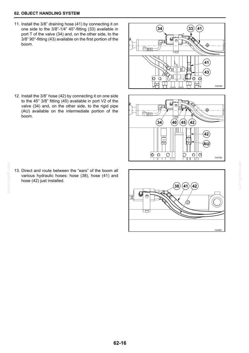 May include: Diagram of an object handling system with detailed instructions. The image shows various hoses, fittings, and valves labeled with numbers. Text includes instructions for installing hoses and connecting them to specific ports.
